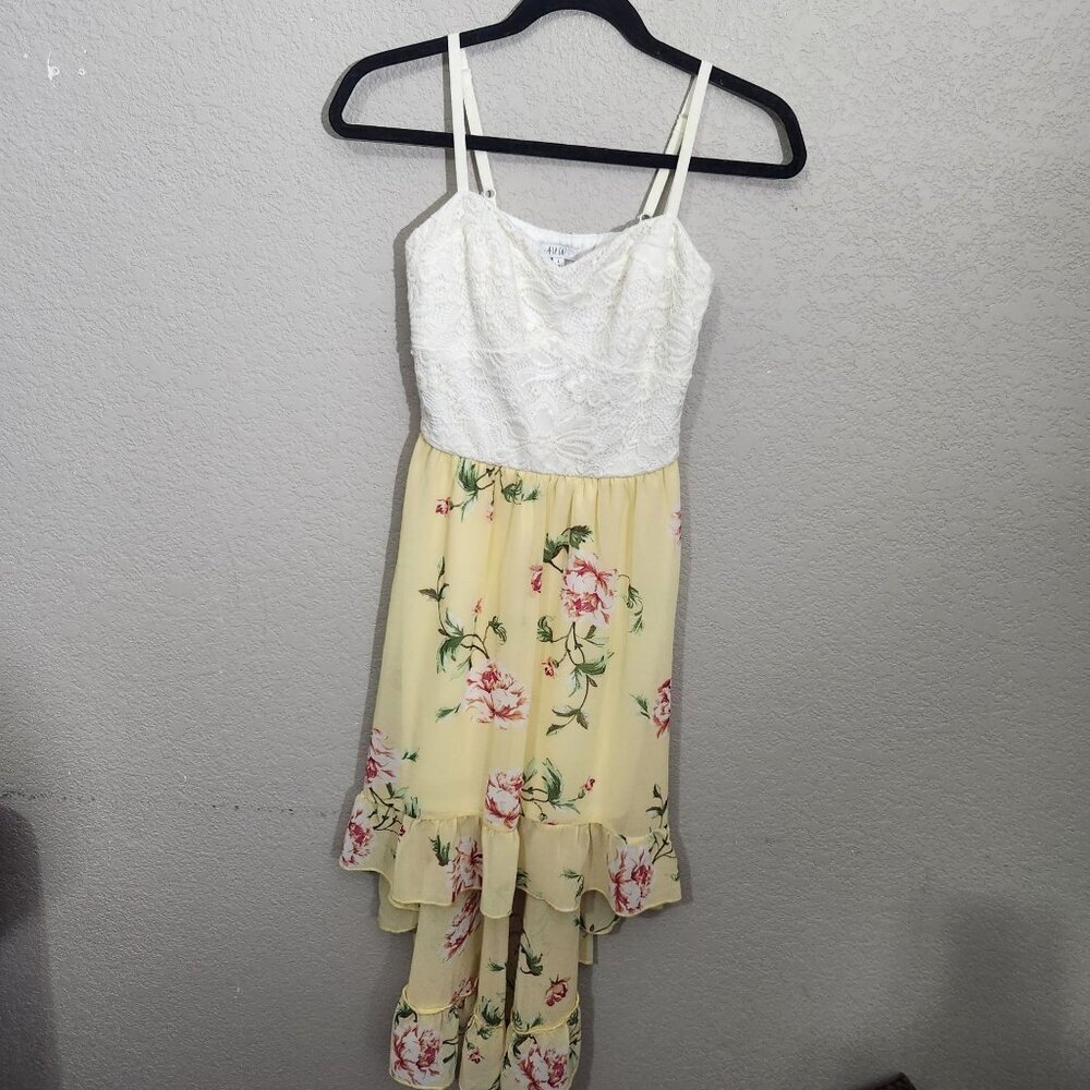 AUW Dress Womens Large White Lace Floral High-Low Maxi Dress Yellow Boho Whimsi